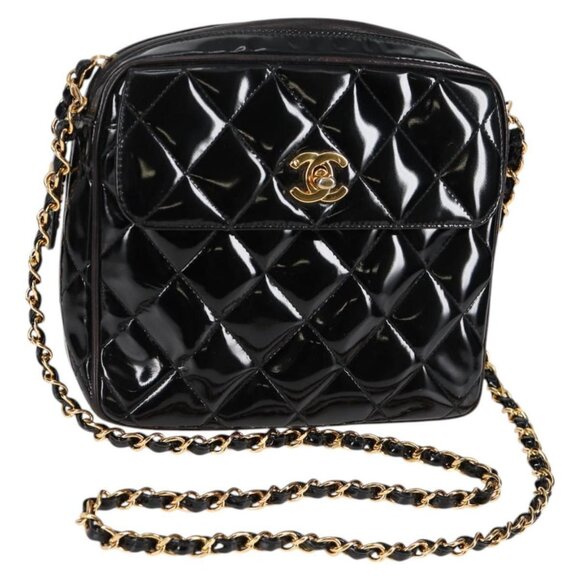 CHANEL Matelasse Chain Shoulder Bag Patent leather Black Gold CC Auth 119551 - Picture 1 of 16
